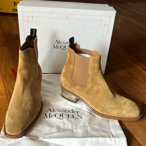 Alexander McQueen Metal Heel Ankle Boots - Suede - Tan/Silver - Picture 2 of 10
